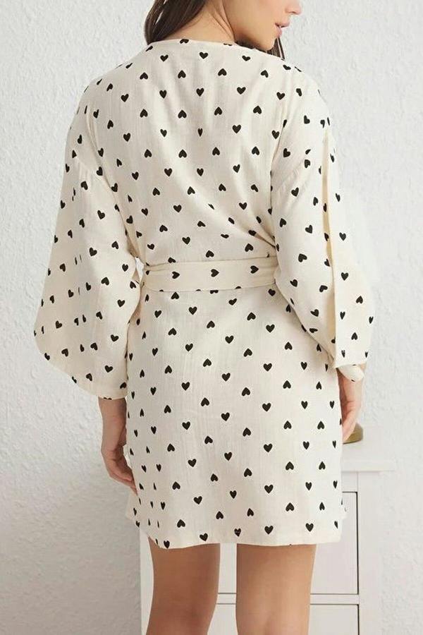 WOVCOR 100% Cotton Heart Print Belted Muslin Woven Dressing Gown