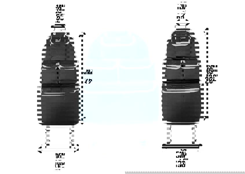The Rear Single Seat Storage Organiser infographic depicting the sizes of the organiser.