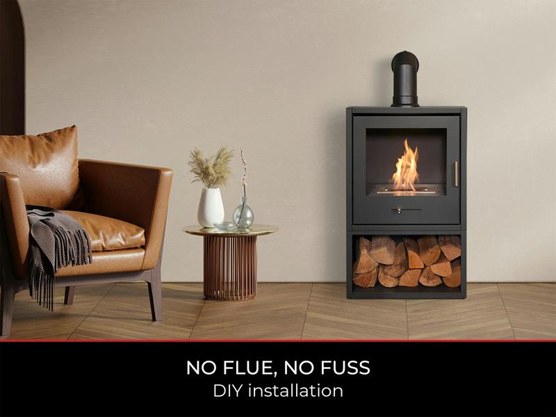 OKO S3 Bio Ethanol Stove with Log Storage in Charcoal Grey