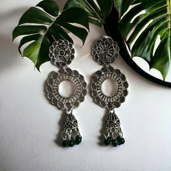 The Colourful Aura Indian Boho Oxidised Drop Ethnic Jhumkis Earrings