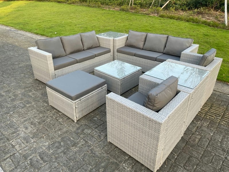 Fimous Light Grey Outdoor PE Rattan Garden Furniture Set Wicker Sofa Set Square Coffee Table 2 Armchair 2 Side Table 9 Seat