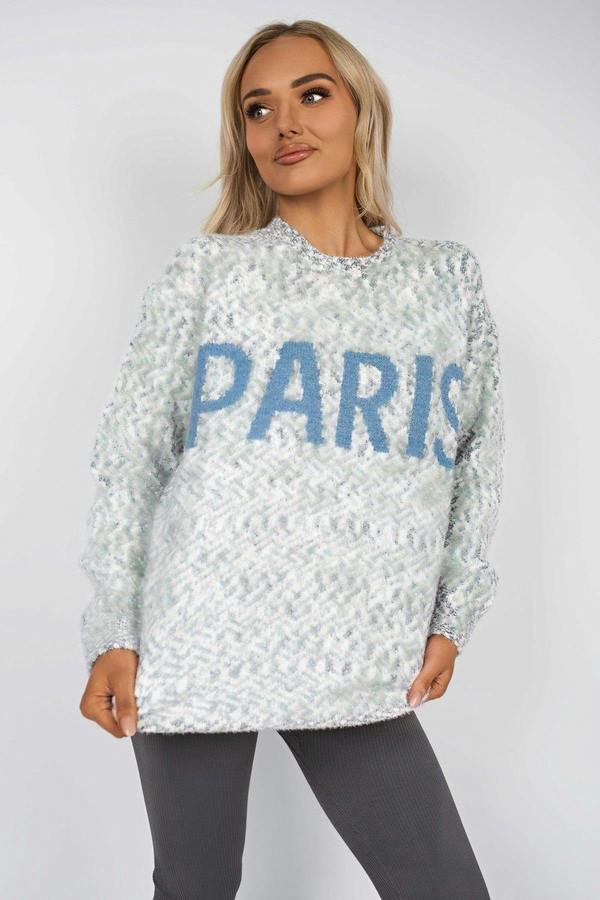 Jalina Long Sleeve Oversized Knitted Jumper With Paris Slogan - Grey