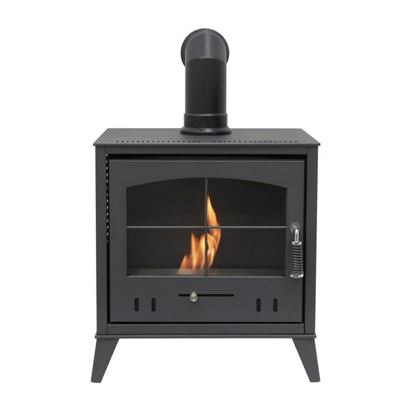 OKO S4 Bio Ethanol Stove in Charcoal Grey with Angled Stove Pipe