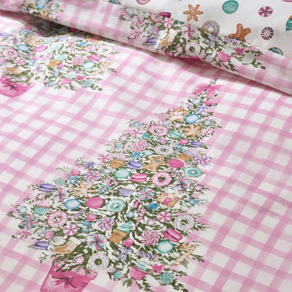 Catherine Lansfield Christmas Sweets and Treats Reversible Duvet Cover Set Pink