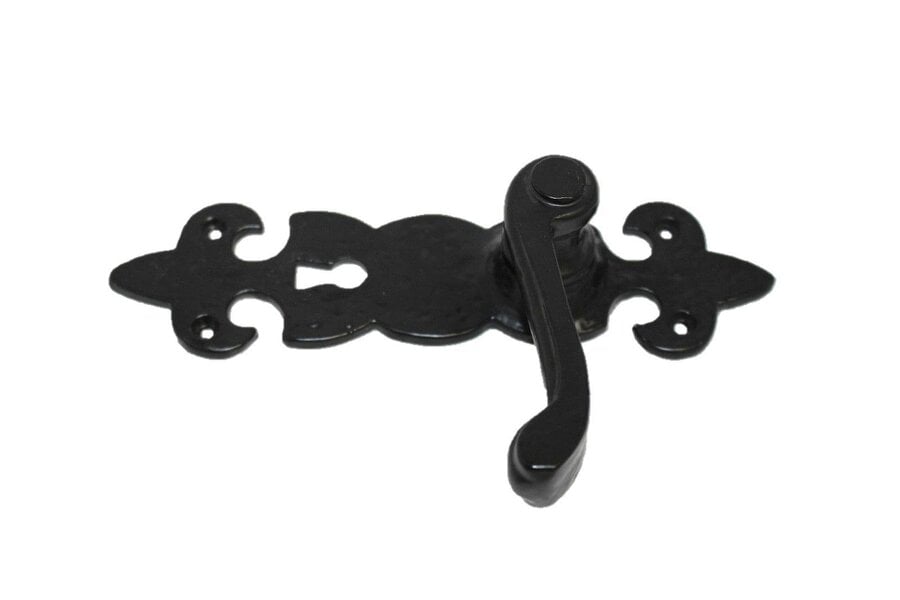 EDH Door Hardware Black Cast Iron Fleur-de-Lys Lever Lock Door Handles  Ornate Antique Internal