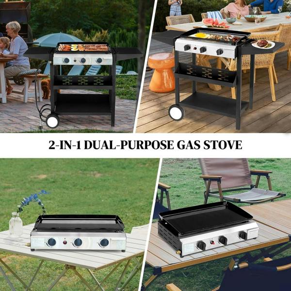 NJ Portable Camping 3 Burner Gas Grill BBQ with Foldable Stand