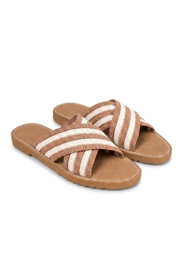 Elina Cross Strap Flat Sandals With Woven Detail - Mocha_wb