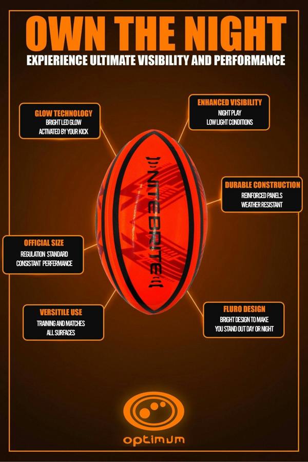 LED Glow Rugby Ball Size 5 – Motion Activated with Auto-Off – Durable Water-Resistant Night Play - Optimum