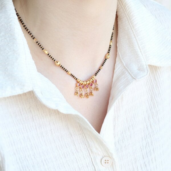 The Colourful Aura Indian Nazarian Gold Mangalsutra Black Beads Pendant Necklace