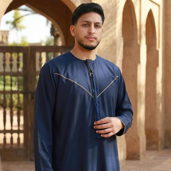 TT-007 - Men's Emirati Omani Gold Embroidery Thobe - Navy - Thobez - 2