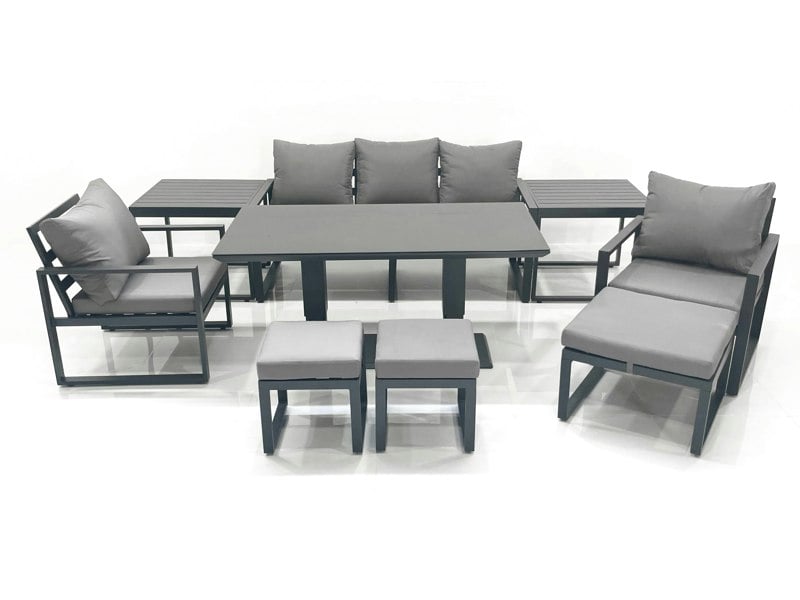 Fimous 8 Seater Aluminium Outdoor Garden Furniture Set with Adjustable Rising Dining Table 3 Seater Sofa 2 Chair 3 Footstool 2 Side Tables Dark Grey