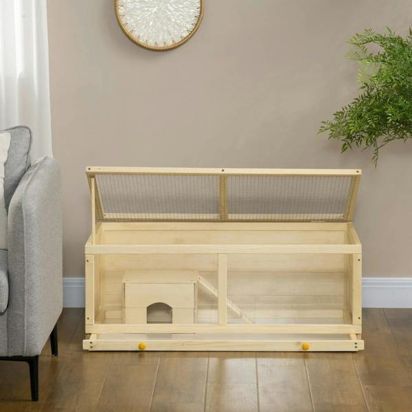 Natural wood hamster cage with mesh front panel, hut, and ramp on sliding base tray