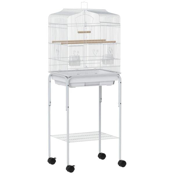 White wire bird cage on wheeled stand with slide-out tray and lower shelf.