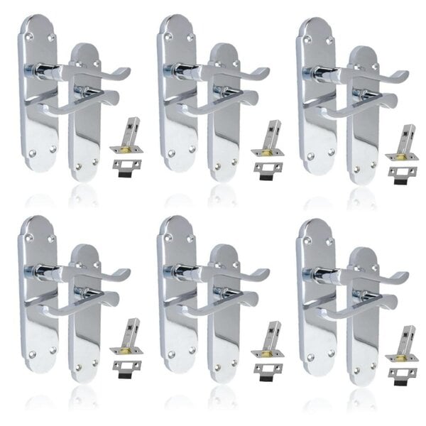 EDH Door Hardware Polished Chrome Victorian Scroll Door Handles on Shaped Backplate – 170mm x 40mm + Tubular Latch 6 Pairs