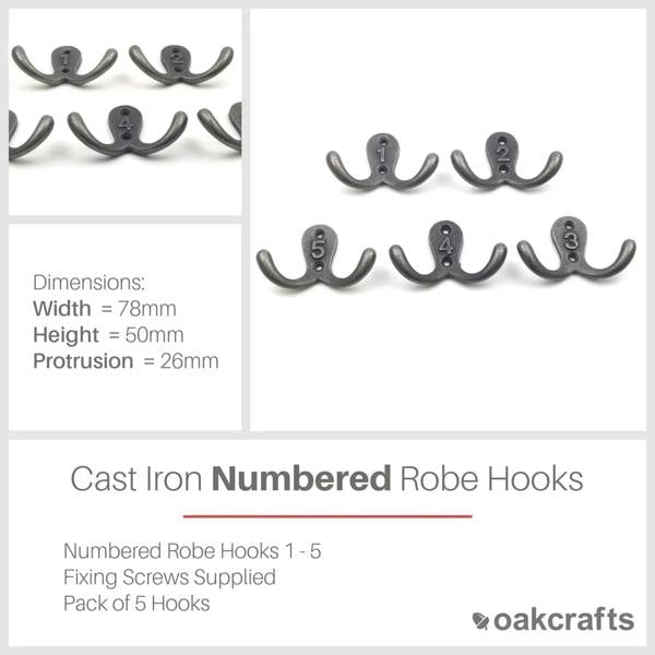 Antique Cast Iron Twin Robe Hooks Numbered 1 to 5 - Pack of 5 Hooks
