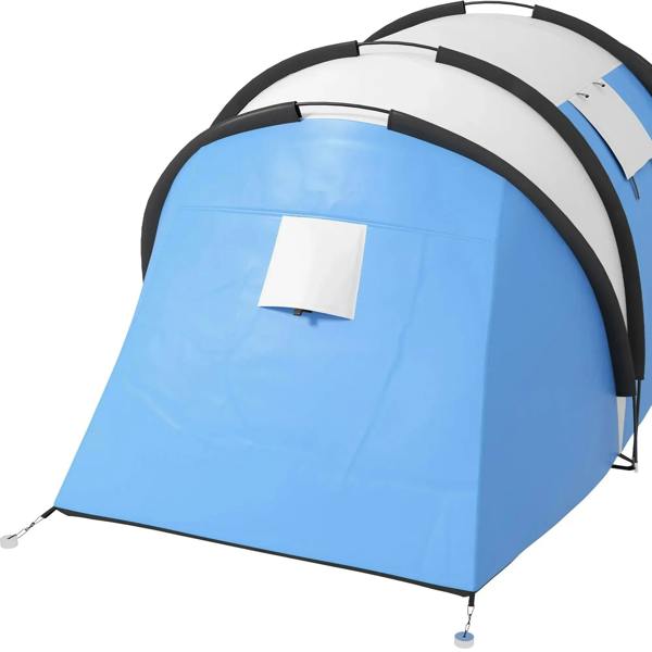 Blue dome tent with gray side panels and black poles on a white background