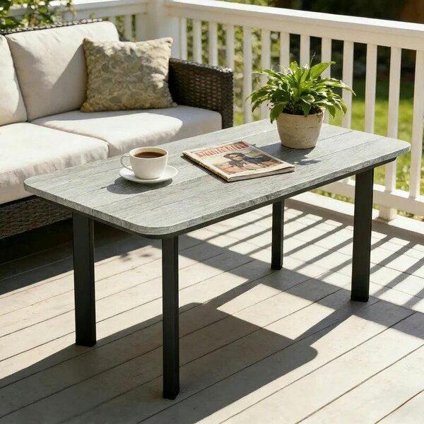 Outdoor Garden Coffee Table, Garden Table with Slatted Wood Plastic Composite Top and Metal Frame, Grey - Grey