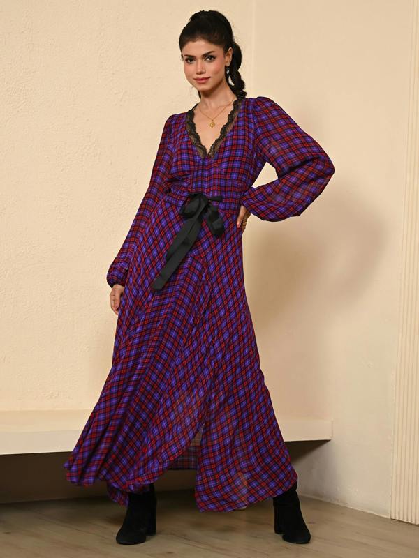 Rose & Nancy Chloe Check Lace Trim Tie Waist Maxi Dress