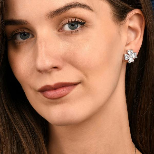 Zavana Silver Large Clover Stud Earrings With Heart Shaped CZ Stones