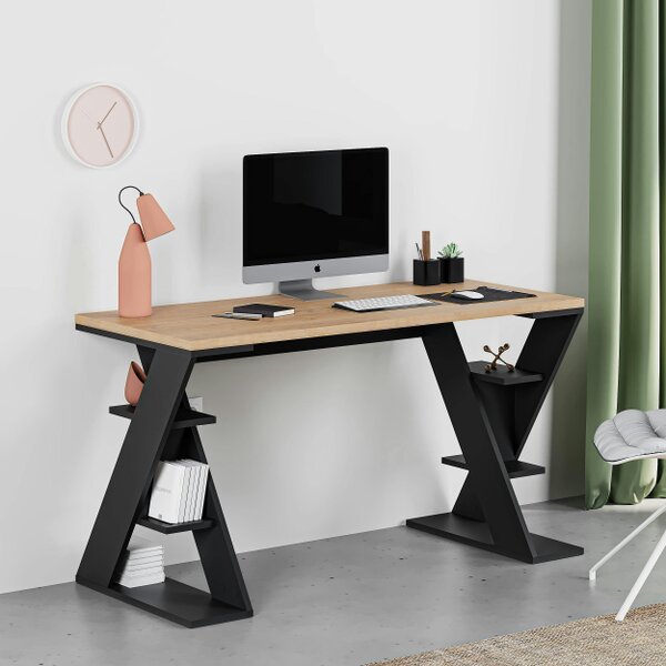 Decortie Papillon Desk with Bookshelf Storage Legs Modern Minimalist Workspace Desk 137x75x60 cm - Oak and Satin Black