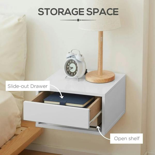 White floating bedside table showing slide-out drawer and open lower shelf