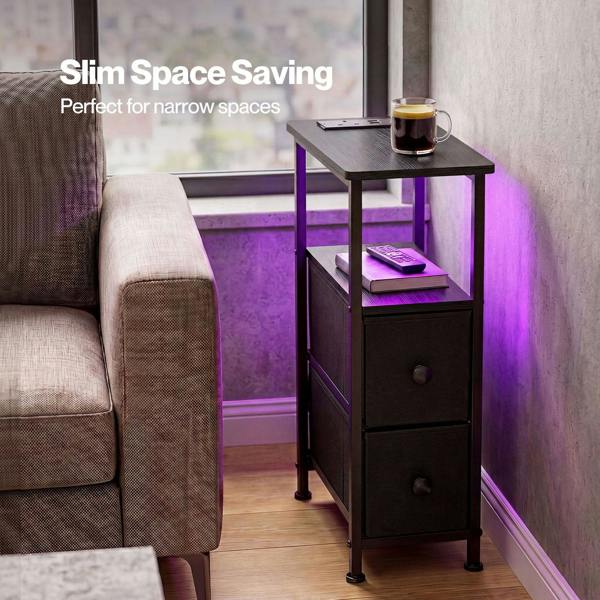 Levede Bedside Table Narrow Side Table with LED Charging Station Storage Black