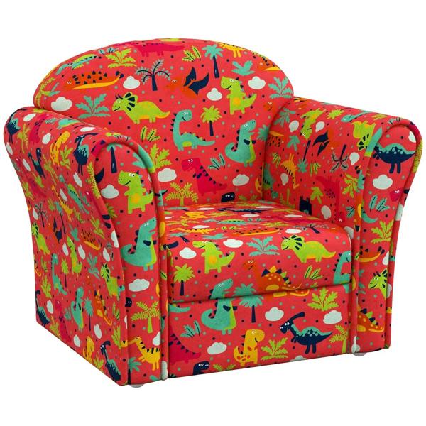 Kids red dinosaur-print armchair with wooden frame, padded seat and back