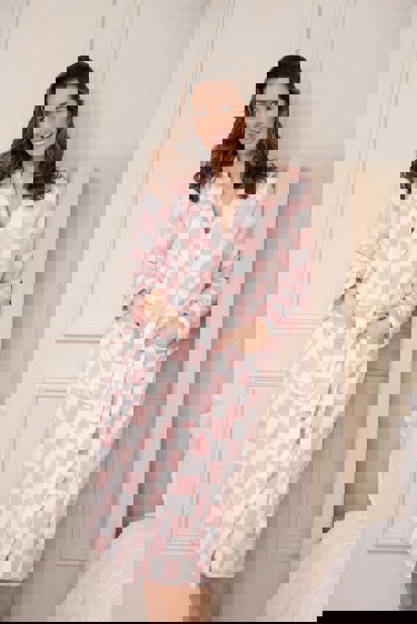 Camille Women's Pink Check Supersoft Fleece Hooded Calf Length Bathrobe