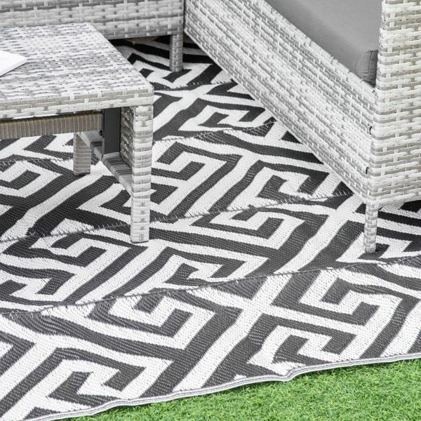 Outdoor rug with black-and-white Greek key pattern on textured woven surface.