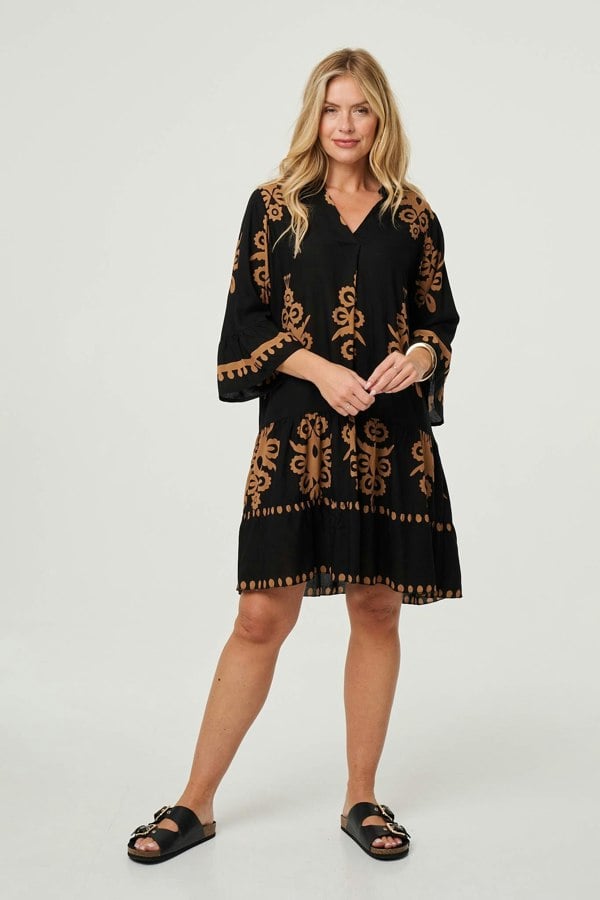 Black | Ikat Print Tiered Knee Length Dress
