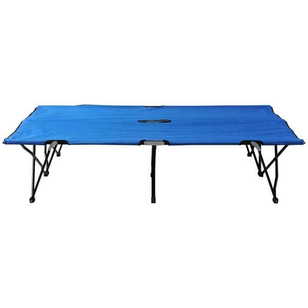 Blue double camping cot bed with raised edges and foldable metal legs.