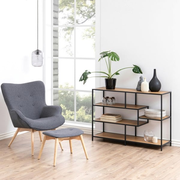 Furniture To Go Seaford Wide Black Metal Bookcase with 4 Oak Shelves