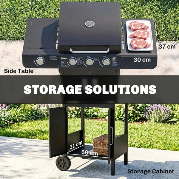 Bobobiy 3+1 Burner Gas BBQ Grill, Outdoor Barbecue Trolley with Wheels, Warming Rack, Side Shelves, Cabinet, Thermometer, 110W x 50D x 100Hcm, Black