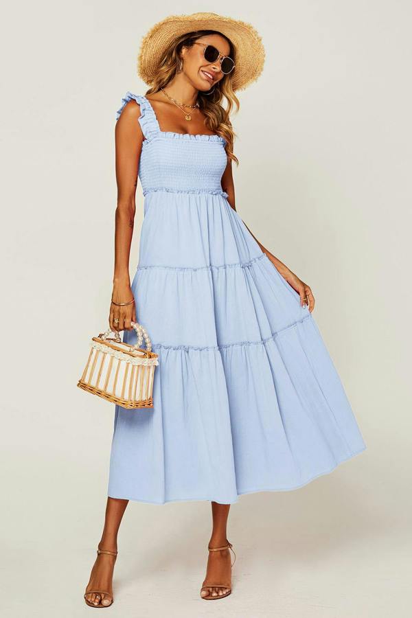 FS Collection Hem Detail Tiered Maxi Dress In Light Blue