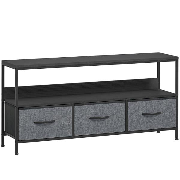 Black TV stand cabinet with open shelf and three grey foldable drawers with bar handles