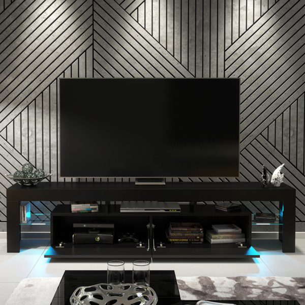 Mex Furniture Sleek 200cm TV Unit Modern Cabinet TV Stand Black High Gloss Doors with Free LED
