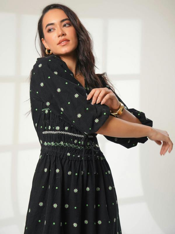 Rose & Nancy Eddie Black Cord Embroidered Polka Dot Maxi Dress