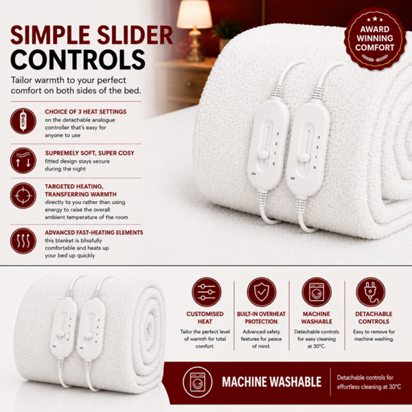 Cozy Night Superking Size Electric Blanket Heated with 3 Heat Settings - Quick Fit Underblanket - Fleece Material Machine Washable