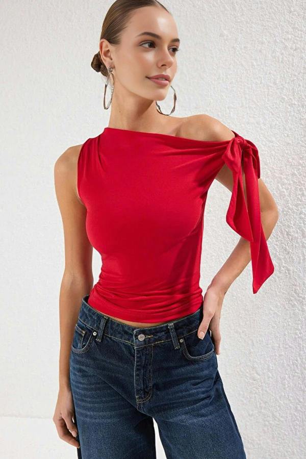 WOVCOR Knit Blouse with Asymmetrical Collar Tie Detail