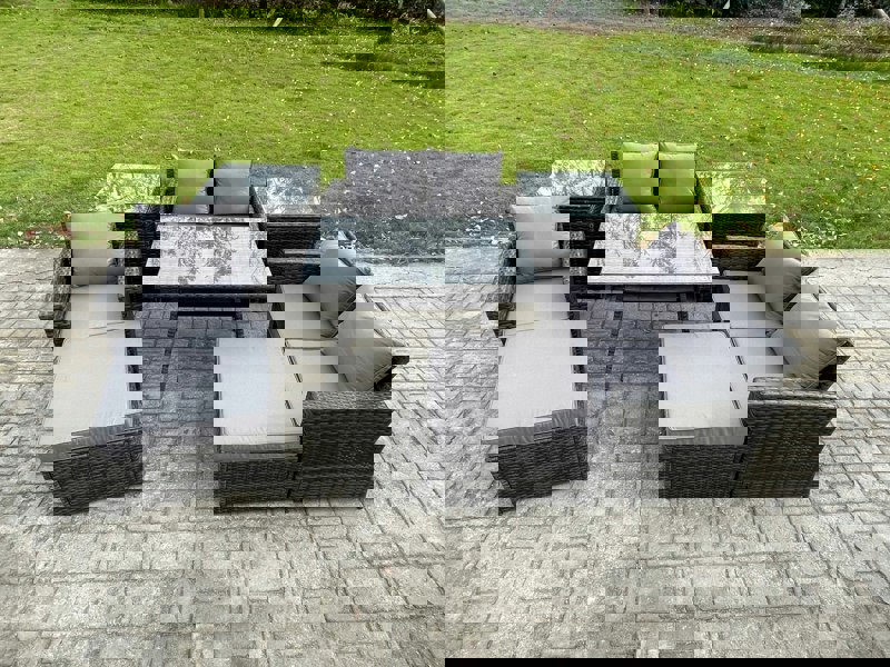 Fimous Garden Dining Set - Dark Grey Mixed PE Wicker Rattan Outdoor Sofa with Rectangular Dining Table & 2 Big Footstools