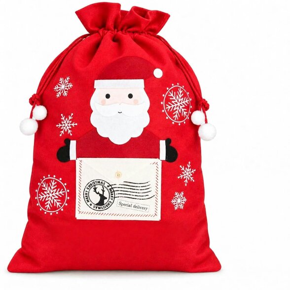 Shatchi 5cm Red Felt Christmas Sack with Santa Special Delivery Design, Letter Pocket and Drawstring Closure - 5CM - Red - Christmas sack