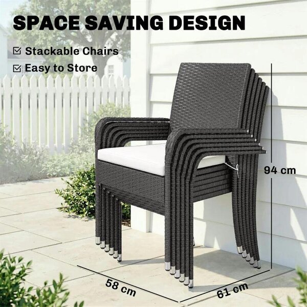 7 Piece Rattan Garden Furniture Set, 6 Seater Garden Table and 6 Stackable Chairs with Extendable Acacia Wood Tabletop