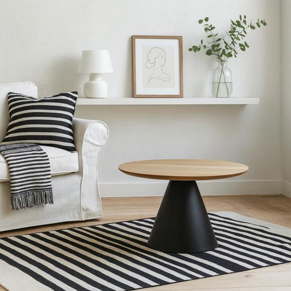 Wyld Haus Hamburg Round Oak Veneer Coffee Table Black Steel Pillar Base