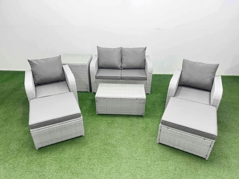 Fimous Light Grey PE Wicker Rattan Garden Furniture Set Sofa Set Reclining Adjustable Chair Rectangular Coffee Table 6 Seater 3 Big Stools Side Table