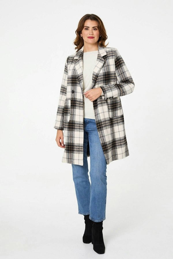 Beige | Checked Double Breasted Longline Coat
