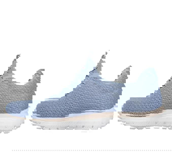 Skechers Summer Blush Womens Slip On Casual Sports Walking Trainers, blue breathable mesh fabric athletic shoes with cushioned white sole.