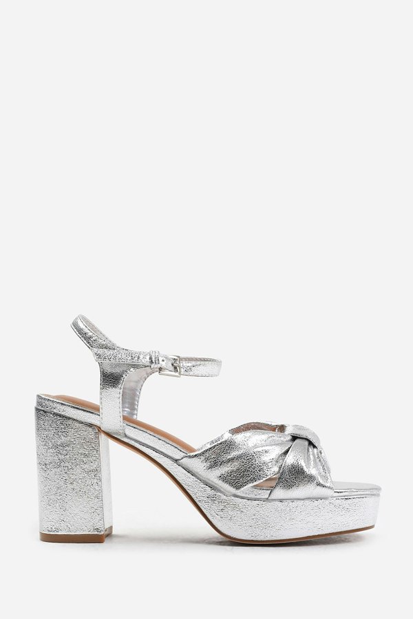 Where's That From Talia Wide Fit Mid Block Heel With Plaftorm and Bow Detailing in Silver Faux Leather