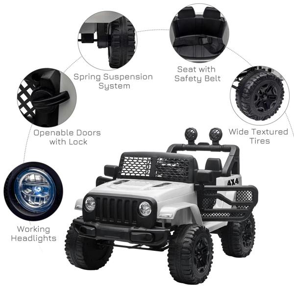White ride-on SUV truck with working headlights, wide textured tires, and openable doors