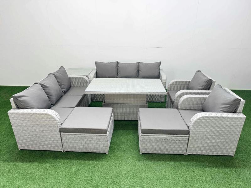 Fimous PE Rattan Garden Furniture High Back Lounge Set, Adj Height Table, 3 Seater Sofas, Reclining Chair, 2 Big Footstool, Side Table, Light Grey