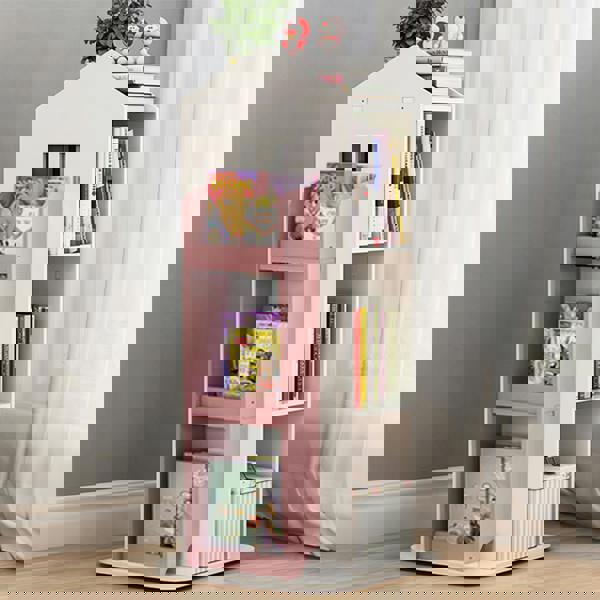 Living and Home House Frame Rotating Bookshelf Storage Rack - Pink